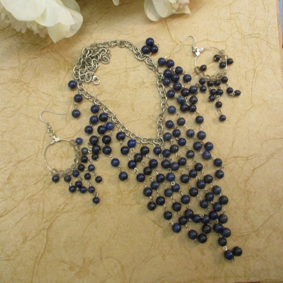 Etruscan Style Midnight Blue Silver Fringe Necklace Earrings Set Vintage - Picture 3 of 13